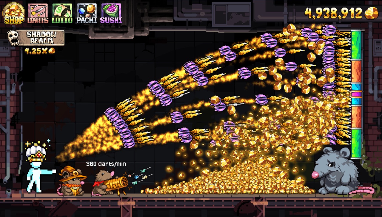 Fortune Mill Darts room filled with golden darts, gold, and mouse helpers