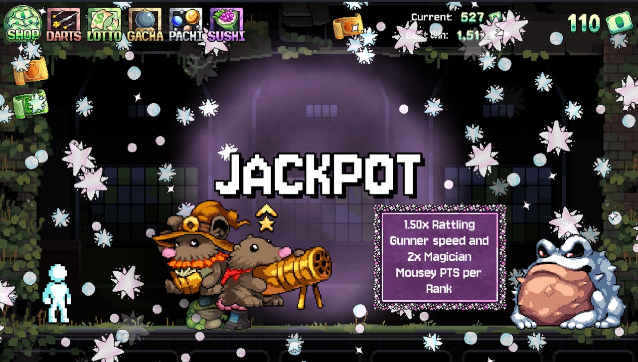 Fortune Mill jackpot screen with pixel-art mice, a frog, and a jackpot bonus